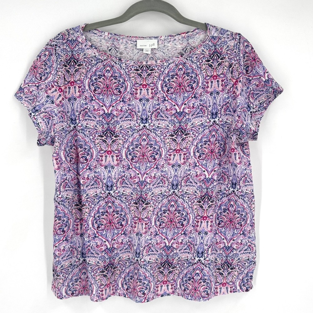 J Jill Love Linen Size M Shirt Top Purple Pink Paisley‎ Print Casual